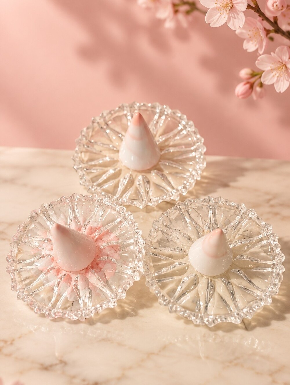 Upcycled 3 Set Crystal/Ceramic Pink Swirl Ring Holders 4"
